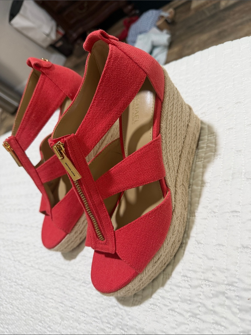 Michael Kors Coral-Red Espadrille Platform Wedges with Front Zip